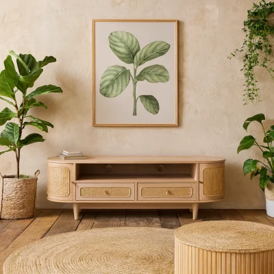 The Range Chicago Cane Rattan TV Cabinet Natural Mango Wood 2 Doors 2 Drawers - Brown