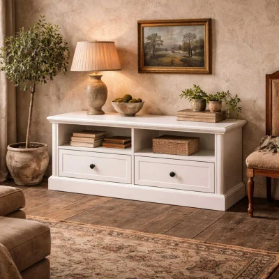 The Range Letoco Yoyo White Compact TV Stand with Drawers, Shelves and Cable Management for TVs up to 45 inches