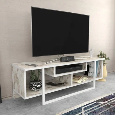 The Range Astona 08 - 120 cm Wide Industrial TV Stand Tv Unit with Shelves - White Marble Effect and White
