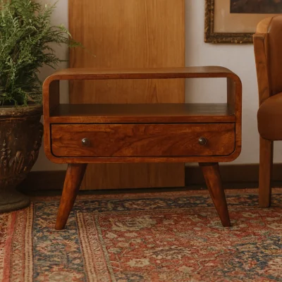 The Range Olbia Compact Curved Mango Wood TV Unit in Chestnut - Brown
