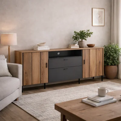 The Range Wyld Haus Nightbloom 158cm Panelled TV Cabinet in Grey and Oak Effect 2 Door 2 Drawer - Grey