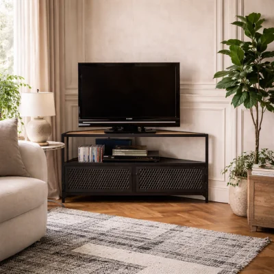 The Range Oulu Small Industrial Corner TV Unit - Reclaimed Wood and Metal, 2 Doors - Brown