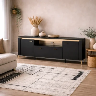 The Range Marslet Matt and Gold TV Cabinet 2 Doors 1 Drawer with LED Lights - Black and Gold