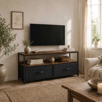 The Range Lelo 98cm Rustic Brown and Black TV Stand with 2 Foldable Fabric Drawers