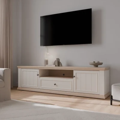The Range Pontypool Wide TV Unit with 2 Doors, Drawer & Open Shelf - White and Riva Oak