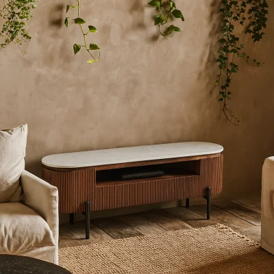 The Range Alabama Ribbed Mango Wood TV Cabinet with Marble Top - Brown