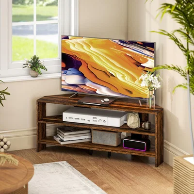The Range HOMCOM Corner TV Stand with Open Shelves for 47 Inch TV - Rustic Brown