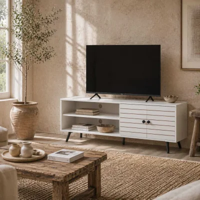 The Range Lare 145cm White Wooden TV Unit with Stripe Door, Open Shelves and Wooden Legs