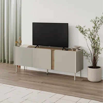 The Range Decortie Modern TV Stand with 3 Soft-Close Doors for 50 Inch TVs - Natural Oak, Sandstone