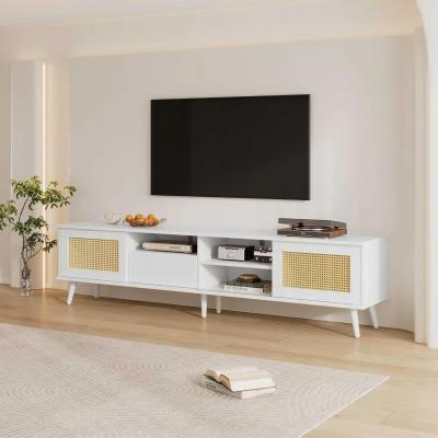 The Range 200cm TV Stand Oak Rattan for 90inch TV Unit 2 Doors 1 Drawer Lowboard - White