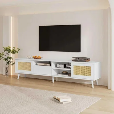 The Range 200cm TV Stand Oak Rattan for 90inch TV Unit 2 Doors 1 Drawer Lowboard - White