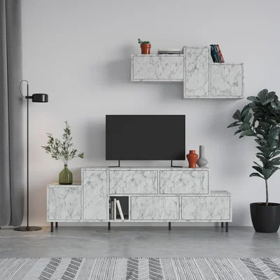 The Range Hermes Modern Tv Unit With Wall Storage Unit - White Marble Effect