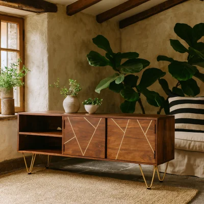 The Range Bandung Wide TV Media Unit Dark Mango Wood with Gold Inlays 2 Shelves 2 Doors - Brown