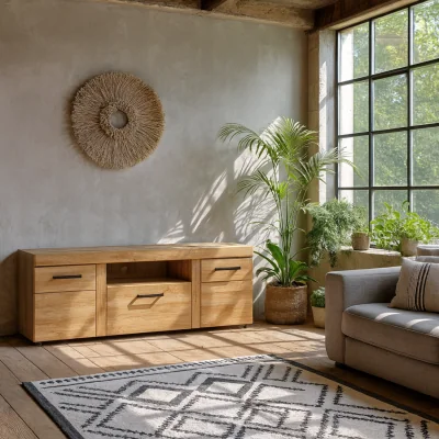 The Range Cortina Tall TV Cabinet - Grandson Oak-effect MDF with Open Shelf and Antique Handles - Natural