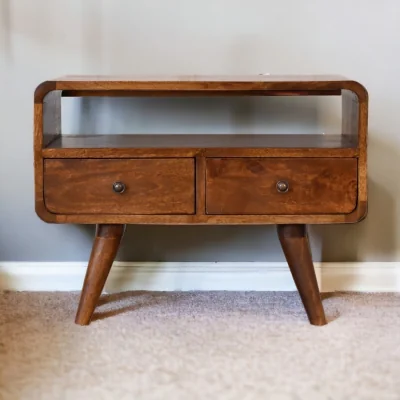 The Range Solid Mango Wood Mini Chestnut Curved Media Unit with 2 Drawers - Brown