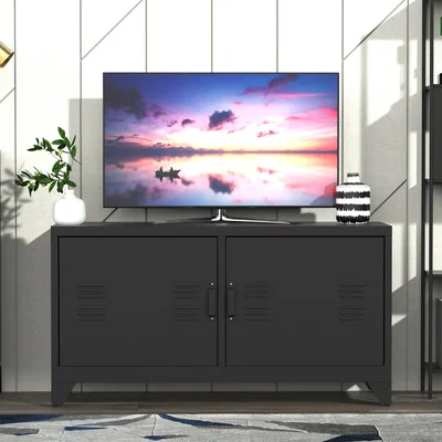 The Range Industrial TV Cabinet Stand with Doors and Storage System - Black