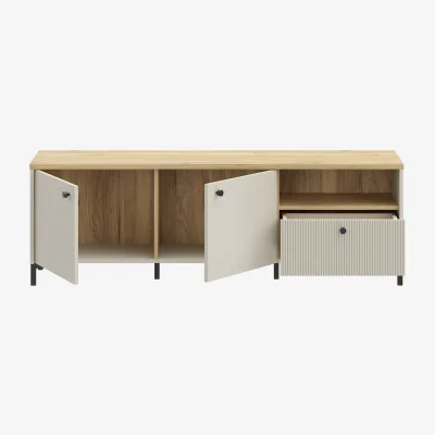The Range Bixbite Wide TV Unit with Fluted Drawer, Open Shelf & Cupboard in Mauvella Oak and Sand - Mauvella Oak & Sand