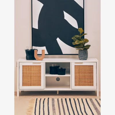 The Range Sherman White Wood and Rattan Media Unit - White
