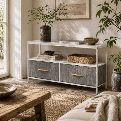 The Range Avavale 98cm White and Light Grey TV Storage Unit with 2 Foldable Fabric Drawers