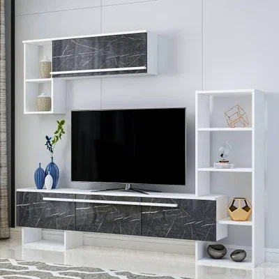 The Range Franci TV Stand and Media Console - White & Black Marble Effect