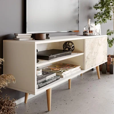 The Range Pi Modern 160cm Wide TV Stand Console Cabinet - White Marble Effect - White