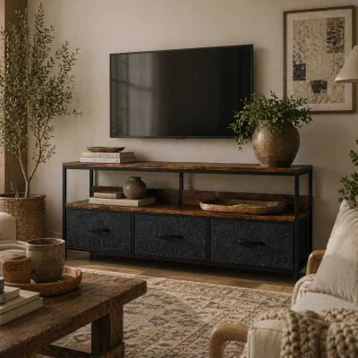 The Range Avasoro 120cm Rustic Brown TV Storage Unit with 3 Fold-Down Fabric Drawers