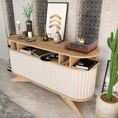 The Range Stor 150 cm Wide Media Console and TV Stand for TVs up to 68 inch Sapphire Oak - Sapphire Oak and White