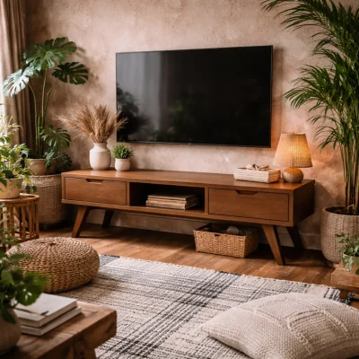 The Range Jyvaskyla Dark TV Unit with Sliding Door and 2 Drawers - Natural