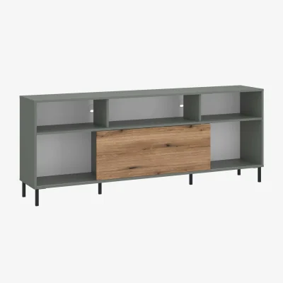 The Range Wyld Haus Spentrup Tall TV Cabinet in Olive Green with Natural Oak Sliding Door - Green and Natural