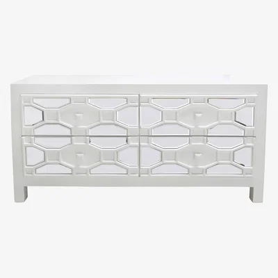 Teddy Beau Deco Home Hyatt White Geometric Design Wood Mirrored TV Stand Entertainment Unit