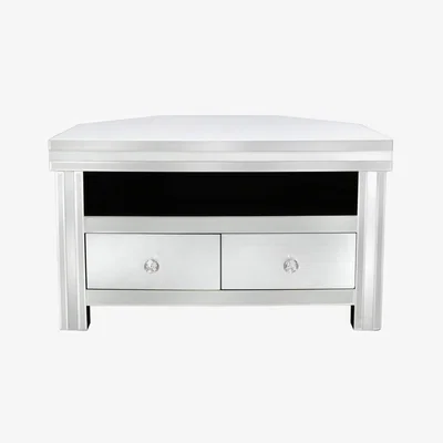 Teddy Beau Deco Home Madison White Mirrored Glass Corner 2 Drawer TV Cabinet Stand Unit