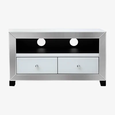 Teddy Beau Deco Home Arctic White Mirrored Glass TV Stand Entertainment Unit Cabinet