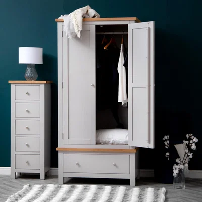 Chiltern Oak Furniture Salisbury Grey Painted Oak Double Wardrobe with Drawer