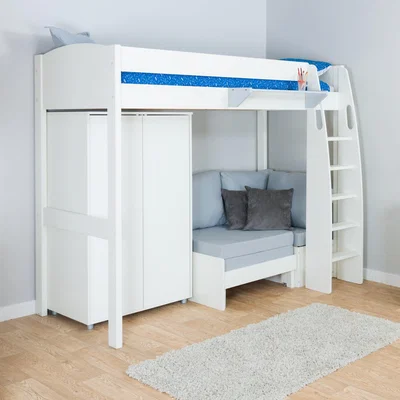 Dunelm Stompa Uno High Sleeper with Corner Sofa And Wardrobe, Pine White