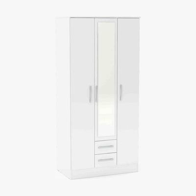 Dunelm Lynx White 3 Door 2 Drawer Mirrored Wardrobe White