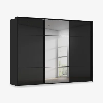 Furniture Village Rauch - Haven 310cm 3 Door Slider Wardrobe with 2 Glass Doors and 1 Mirror Door - Black Glass