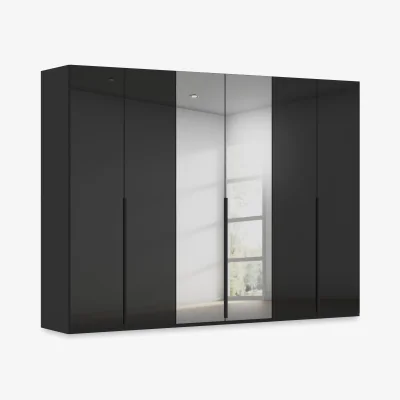 Furniture Village Rauch - Haven 301cm 6 Door Hinged Wardrobe with 4 Glass Doors and 2 Mirror Doors - Black Glass