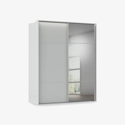 Furniture Village Rauch - Haven 190cm 2 Door Slider Wardrobe with 1 Décor Door, 1 Mirror Door and Lights - Silk Grey/Silk Grey Front
