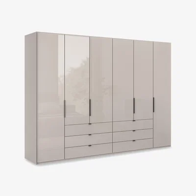 Furniture Village Wiemann - Amara 300cm 6 Door Combi Wardrobe with Glass Doors and Drawers - Pebble Grey