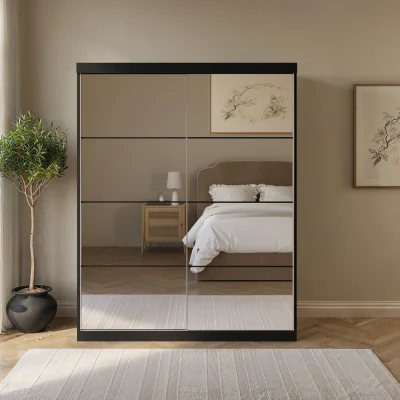 Furniture123 Black Mirrored Sliding Door Double Wardrobe with Shelves - Sidney