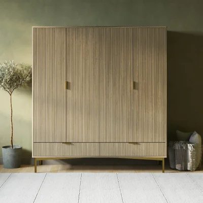 Furniture123 Light Oak Ribbed 4 Door Wardrobe with 2 Drawers - Valencia