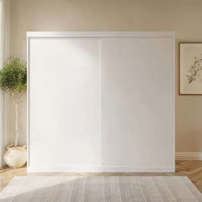 Furniture123 Large White Sliding Door Double Wardrobe with Shelves - Sidney