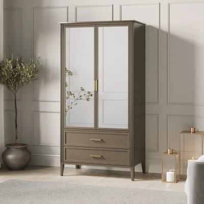 Furniture123 Dark Wood Mirrored 2 Door Double Wardrobe with Drawers - Delilah
