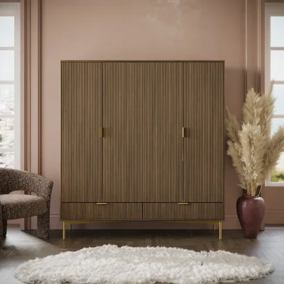 Furniture123 Dark Oak Ribbed 4 Door Wardrobe with 2 Drawers - Valencia