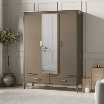 Furniture123 Large Dark Wood 3 Door Mirrored Triple Wardrobe with Drawers - Delilah