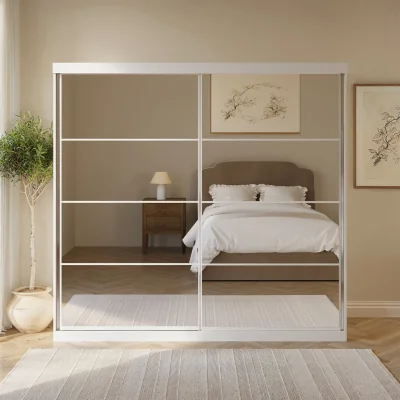 Furniture123 Large White Mirrored Sliding Door Double Wardrobe with Shelves - Sidney