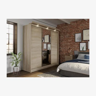 Furniture123 Oslo Sliding Oak & Mirrored Wardrobe with Lights - Evana