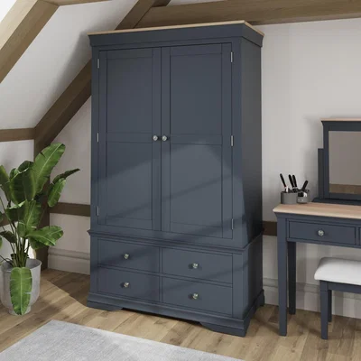 Furniture123 Midnight Grey Painted & Oak 2 Door Wardrobe with Drawer-The Wickerman