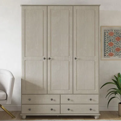 Furniture123 White Wash Pine 3 Door Triple Wardrobe with Drawers - Hampton
