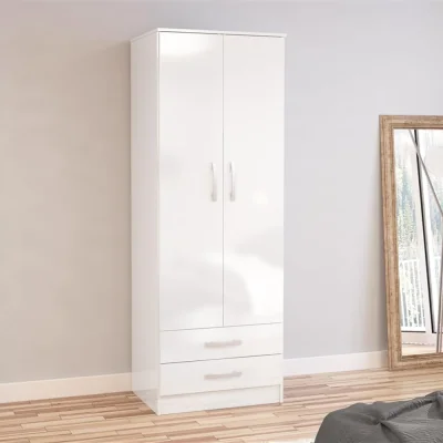 Happy Beds Lynx - 2 Door Combination Wardrobe - White - Wooden - Happy Beds